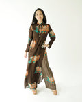 70s Rizkallah for Don Friese Sheer Brown Floral Print Long Dress & Check Pattern Pants