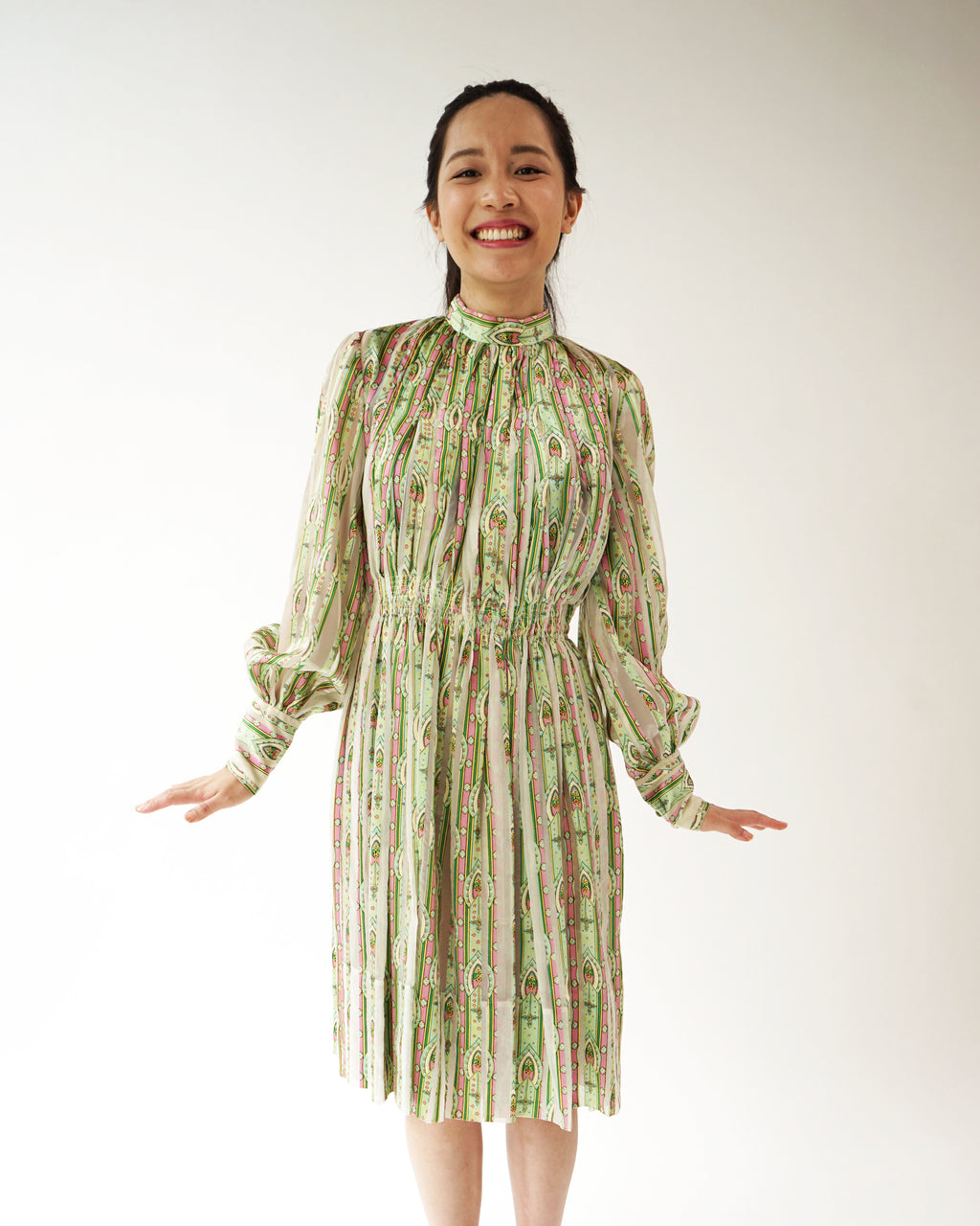 1970s Romantic Pleated Chiffon & Satin Dress