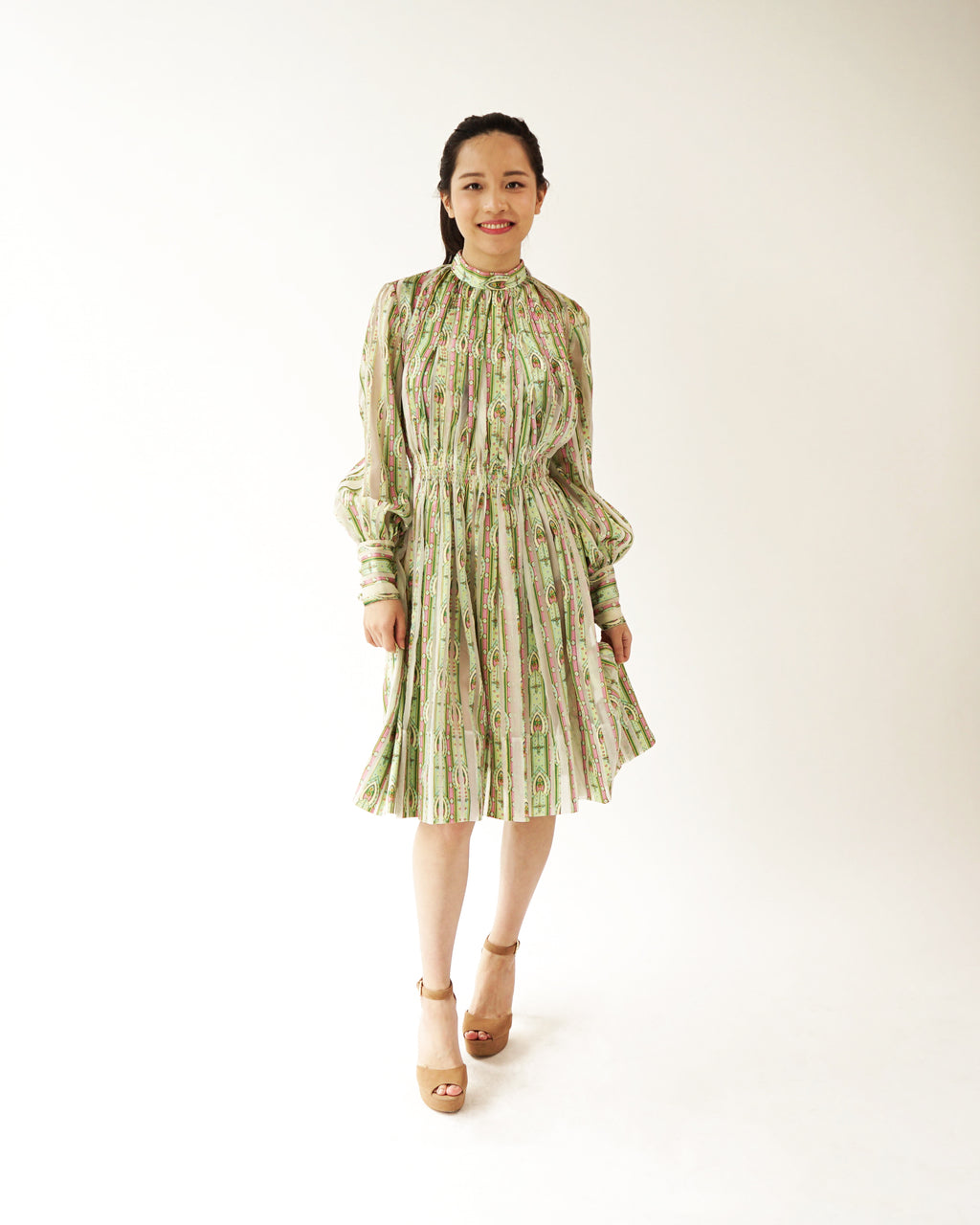 1970s Romantic Pleated Chiffon & Satin Dress