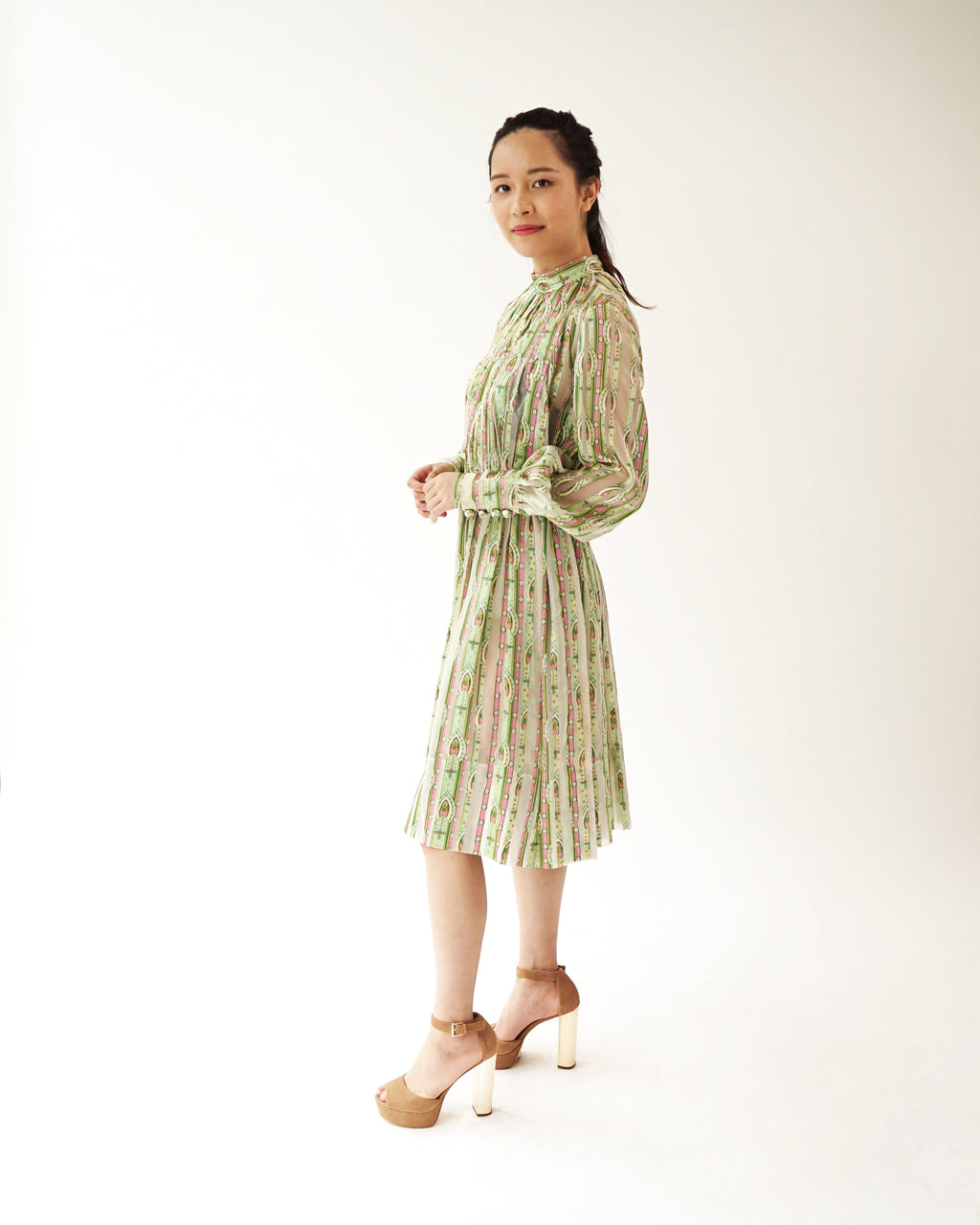 1970s Romantic Pleated Chiffon & Satin Dress