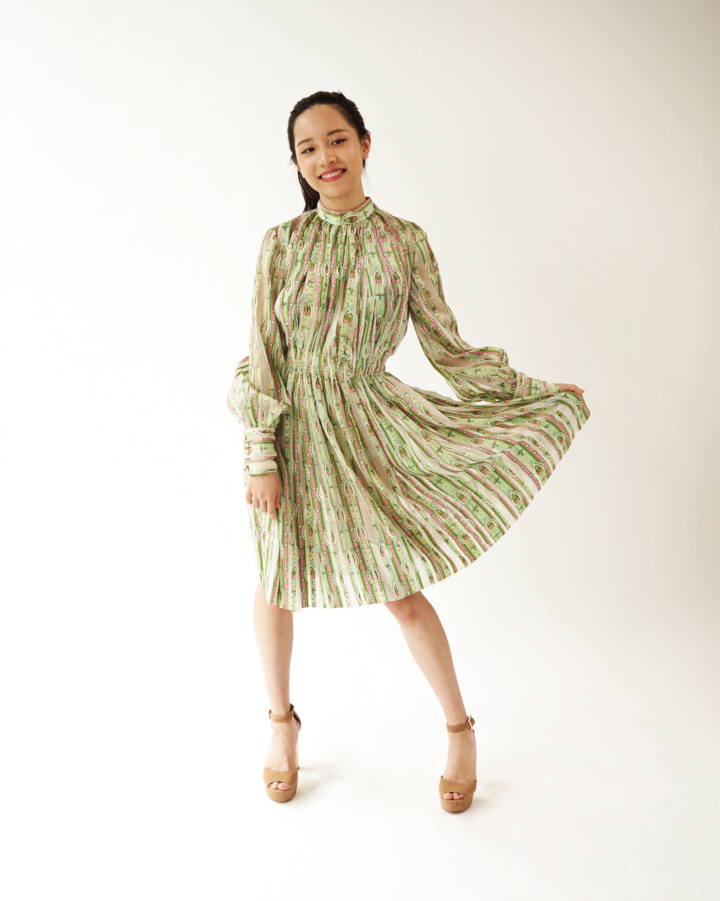 1970s Romantic Pleated Chiffon & Satin Dress