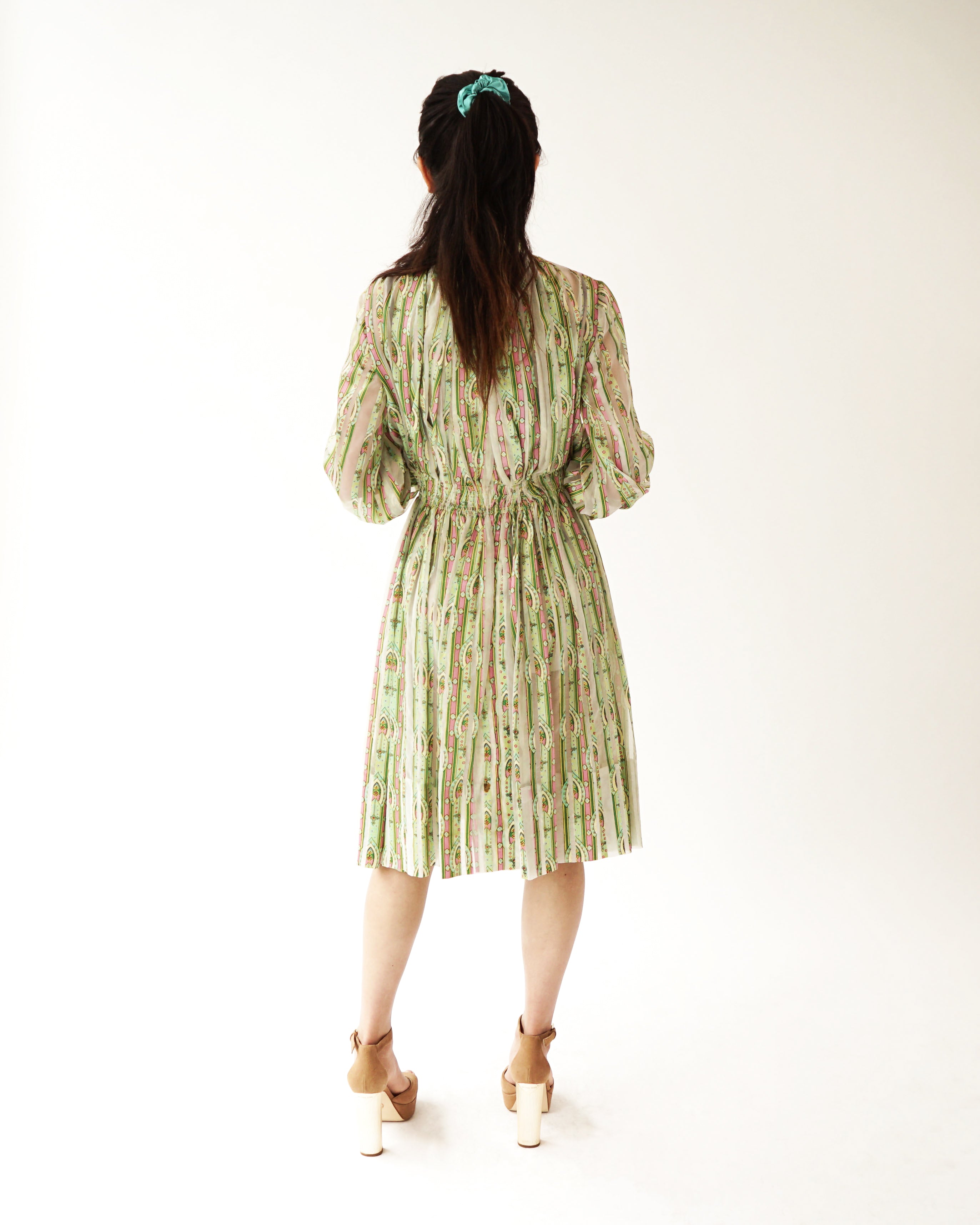 1970s Romantic Pleated Chiffon & Satin Dress