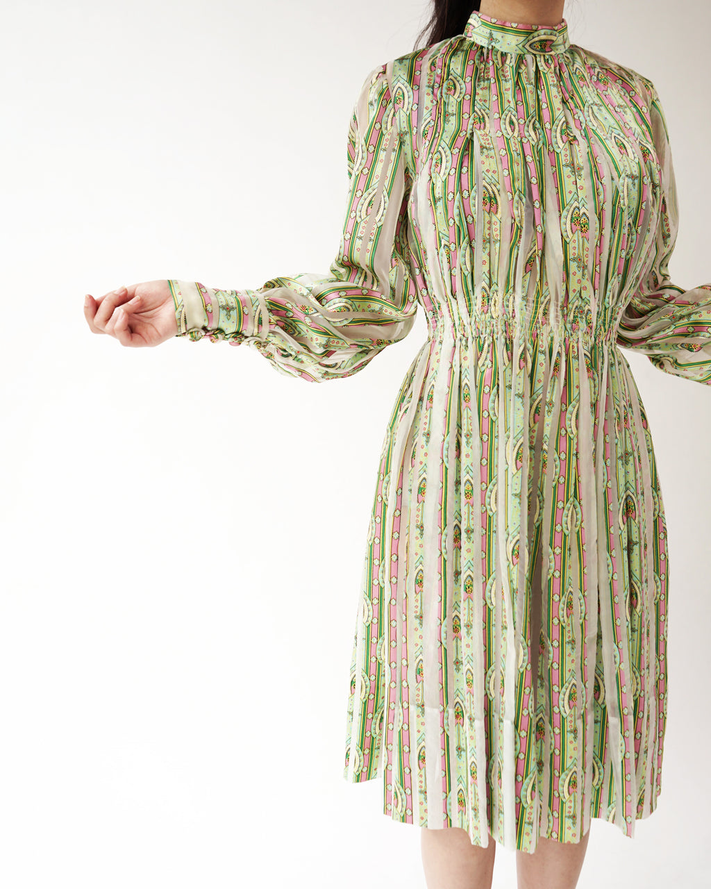 1970s Romantic Pleated Chiffon & Satin Dress