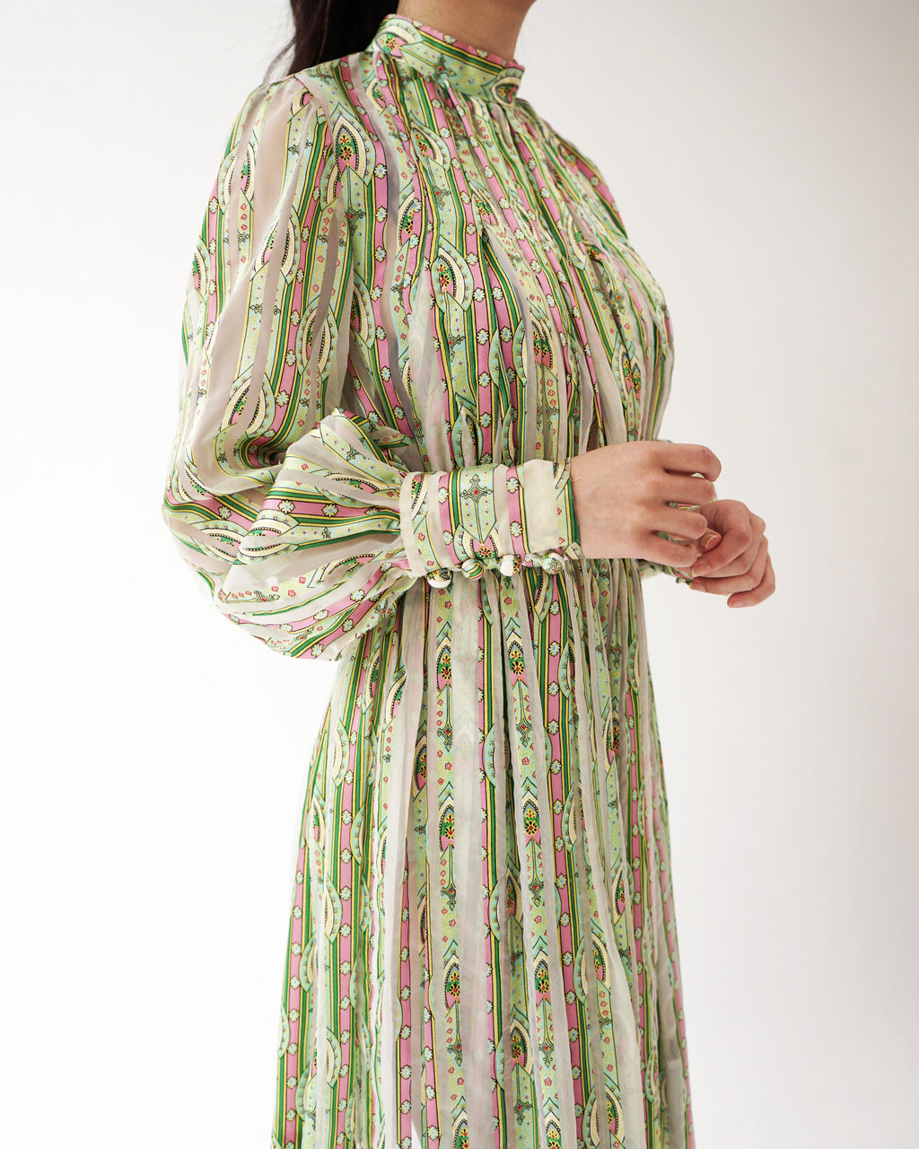1970s Romantic Pleated Chiffon & Satin Dress