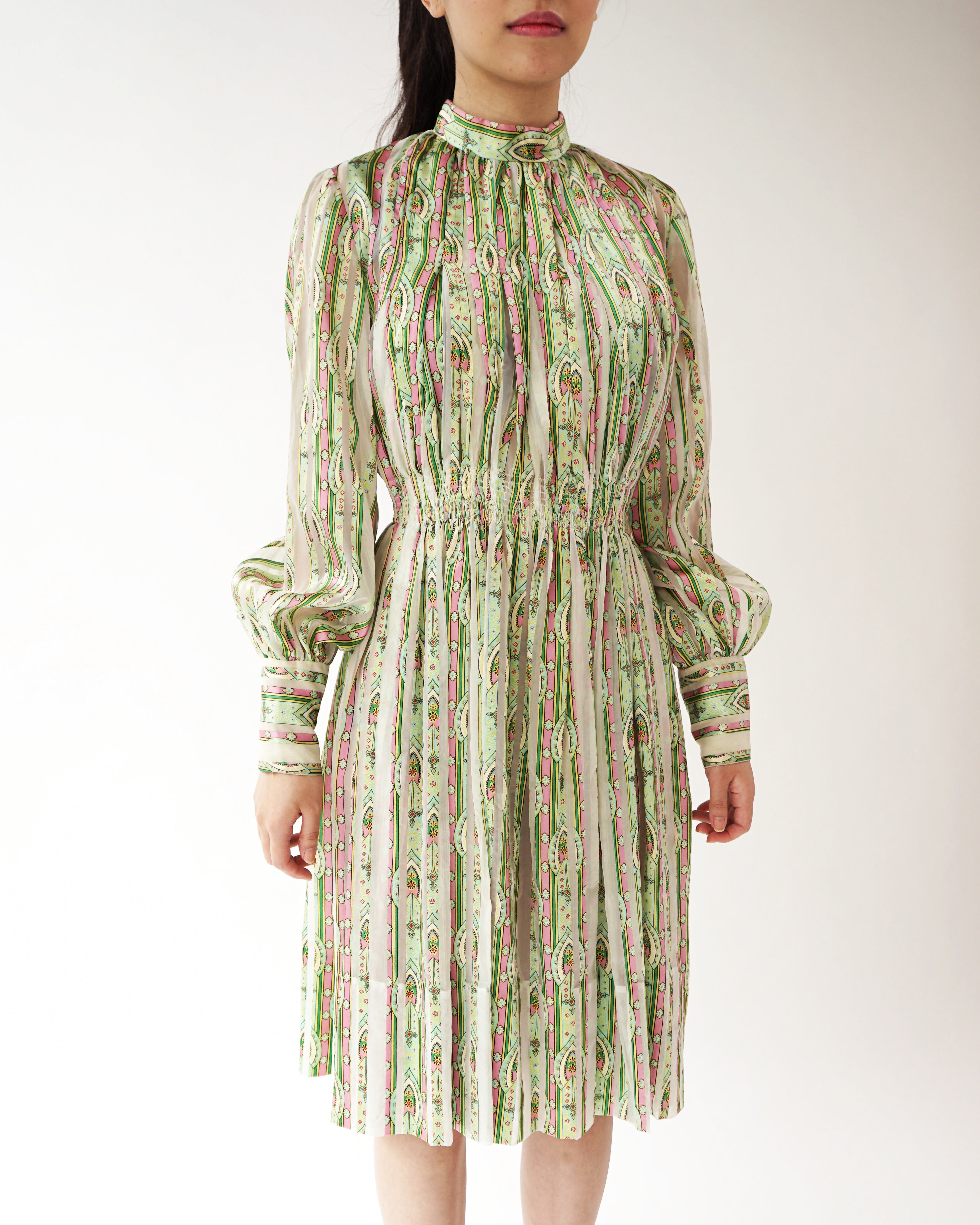 1970s Romantic Pleated Chiffon & Satin Dress