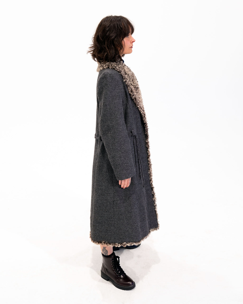 90s Italian Wool Coat w Swedish Sheepskin Collar & Trim