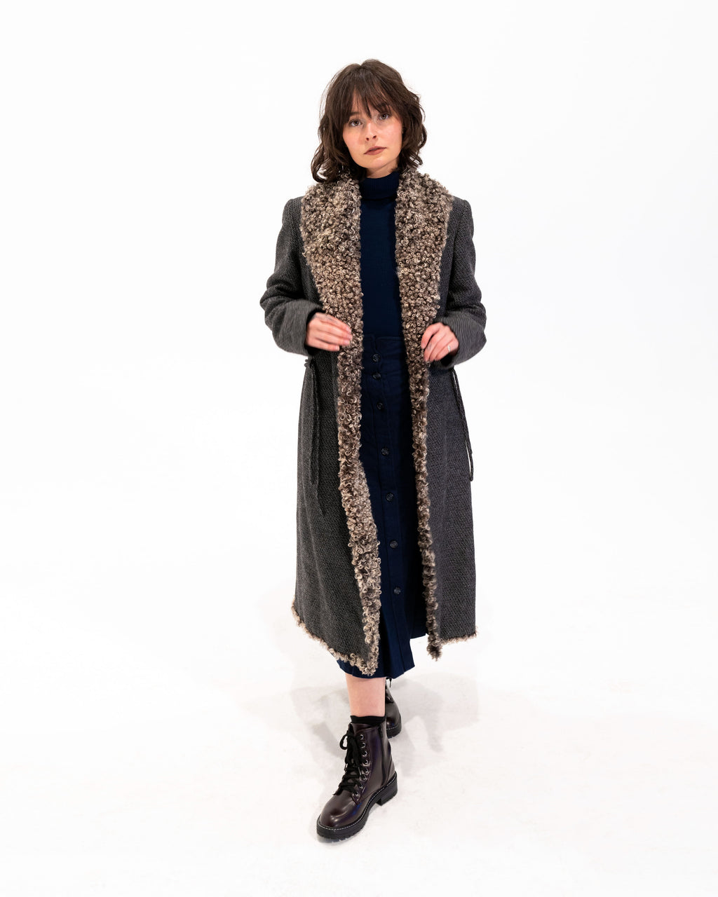 90s Italian Wool Coat w Swedish Sheepskin Collar & Trim