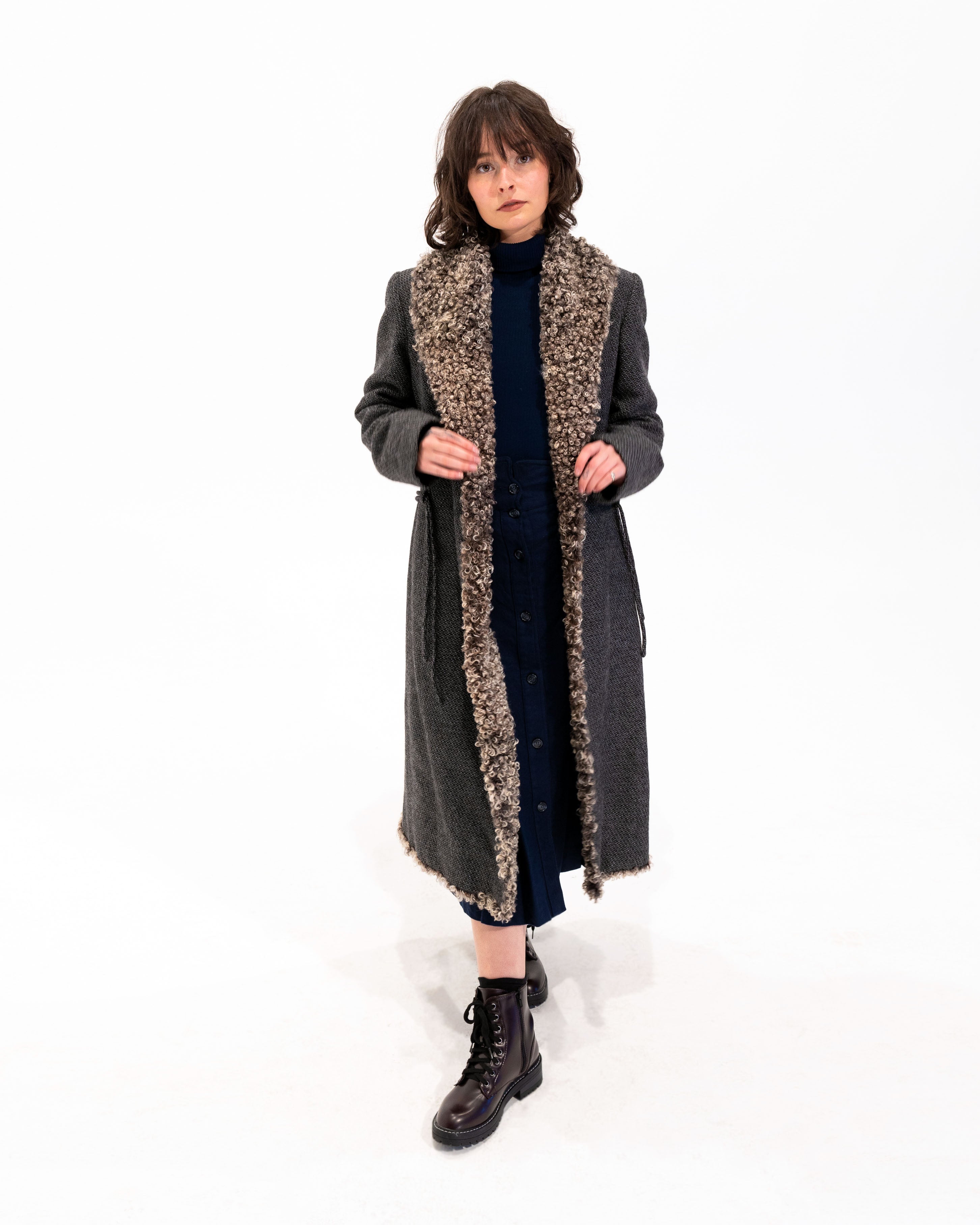 90s Italian Wool Coat w Swedish Sheepskin Collar & Trim