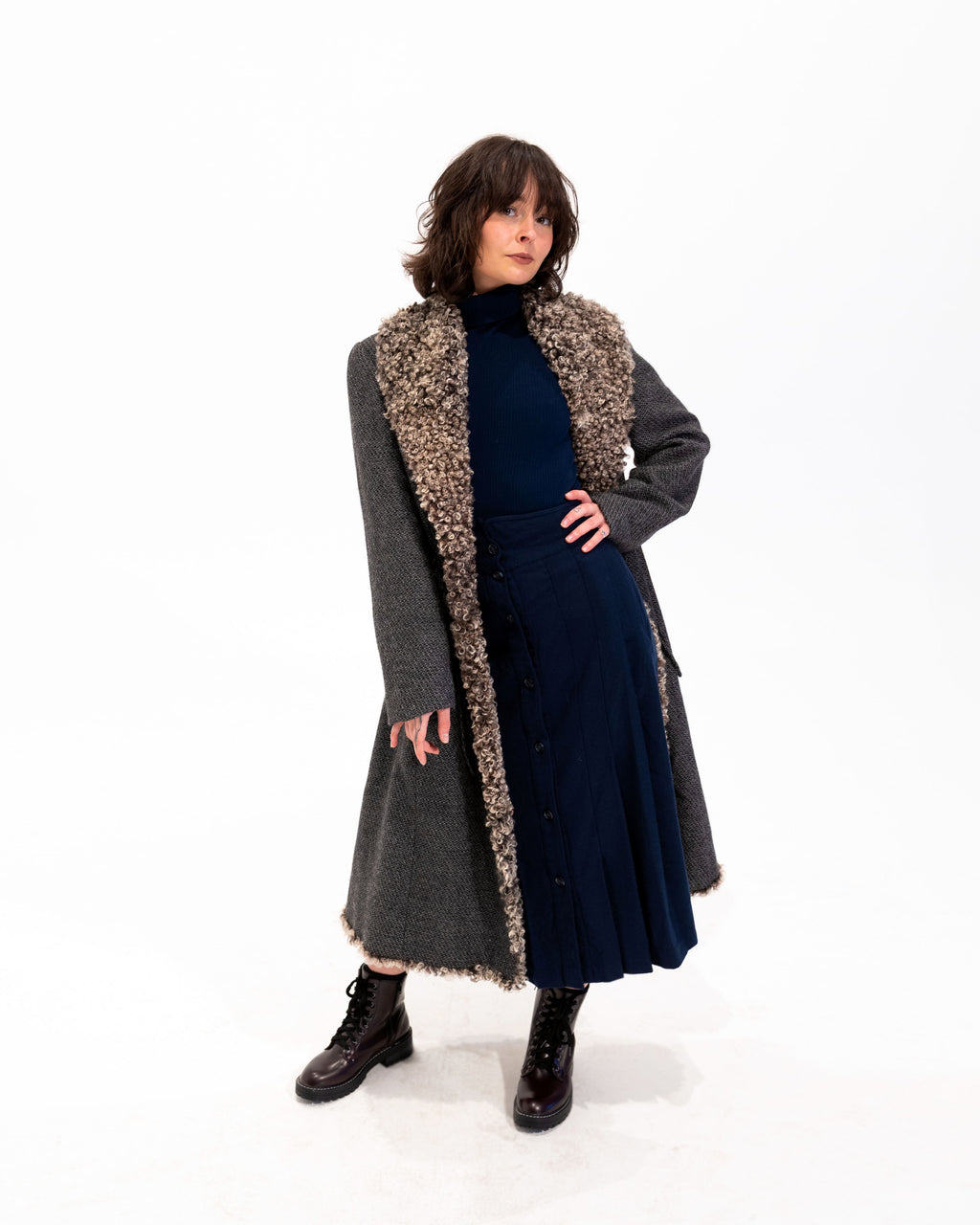 90s Italian Wool Coat w Swedish Sheepskin Collar & Trim