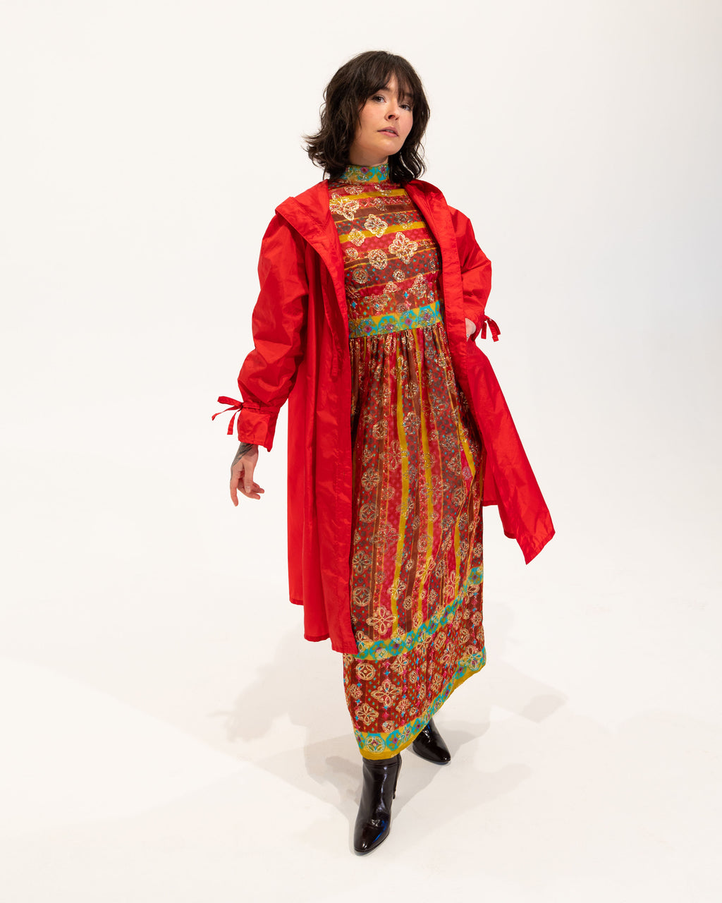 60s Maroon Jacquard Organza Gold Lamé Medallion Dress