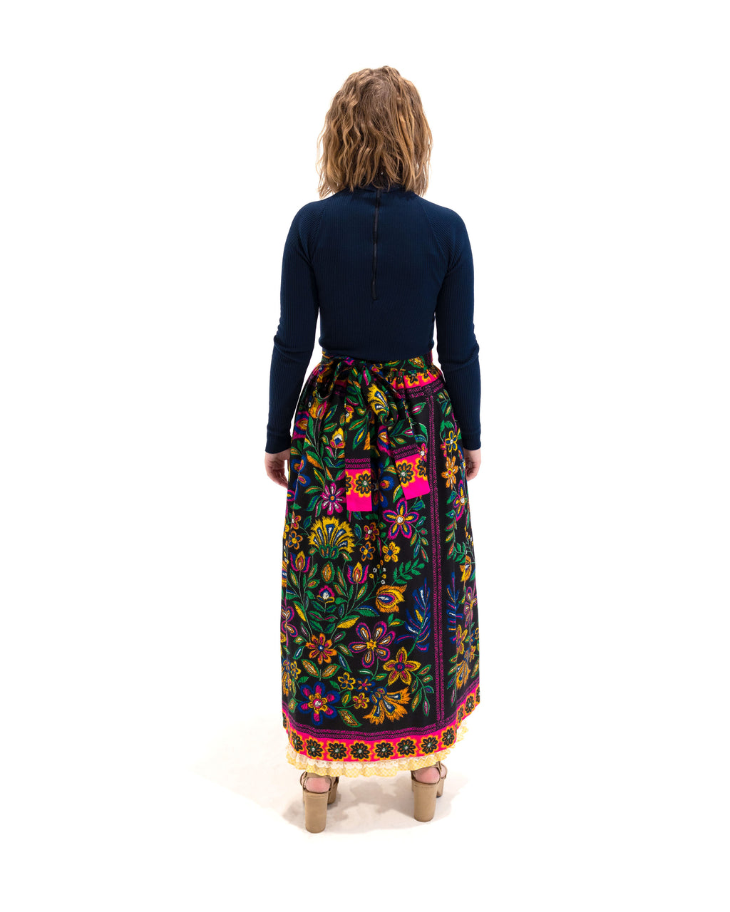 70s Rare Ellen Tracy Novelty Wrap Skirt with Yellow Gingham Lining