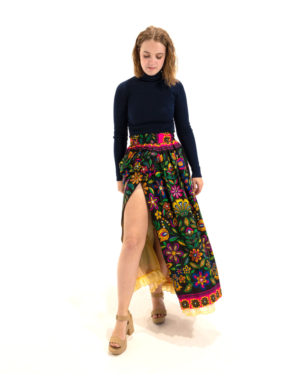 70s Rare Ellen Tracy Novelty Wrap Skirt with Yellow Gingham Lining