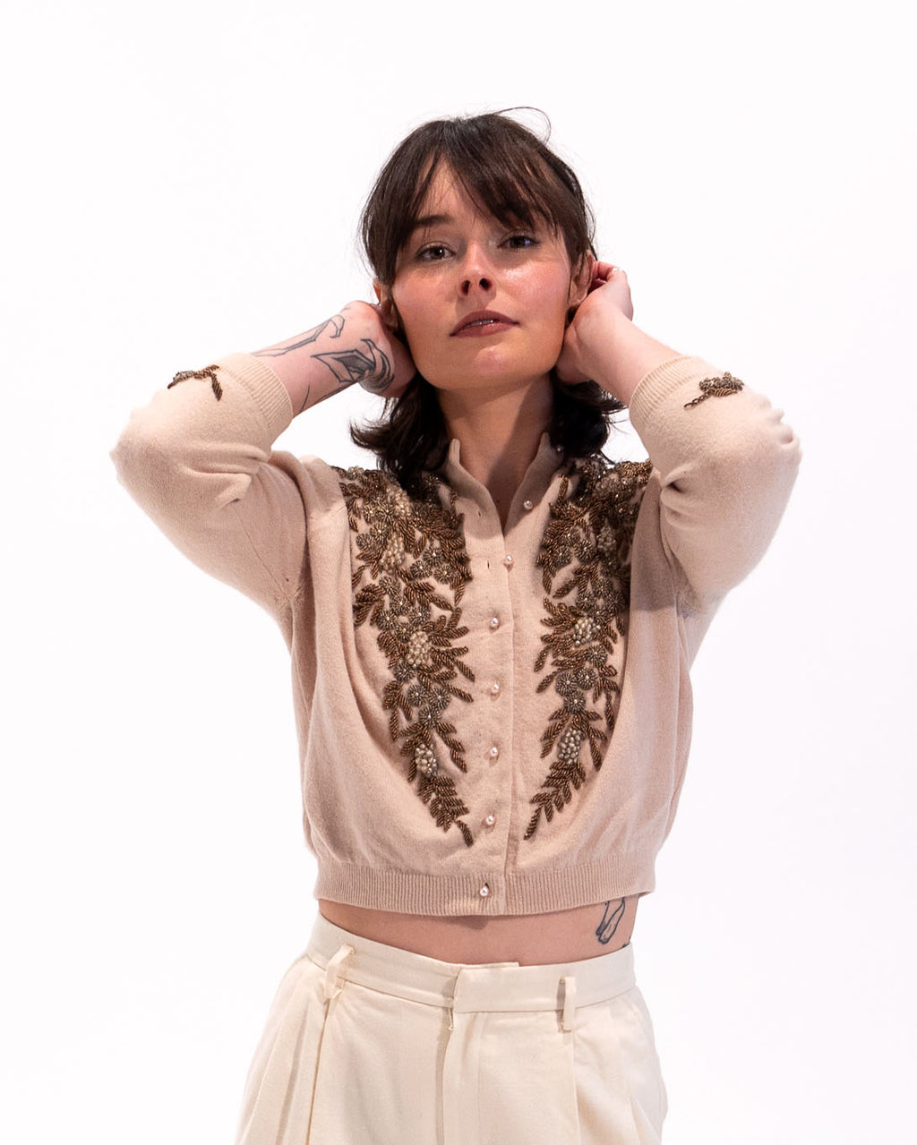 50s Berries & Floral Hand Beaded Wool & Silk Tan Cardigan