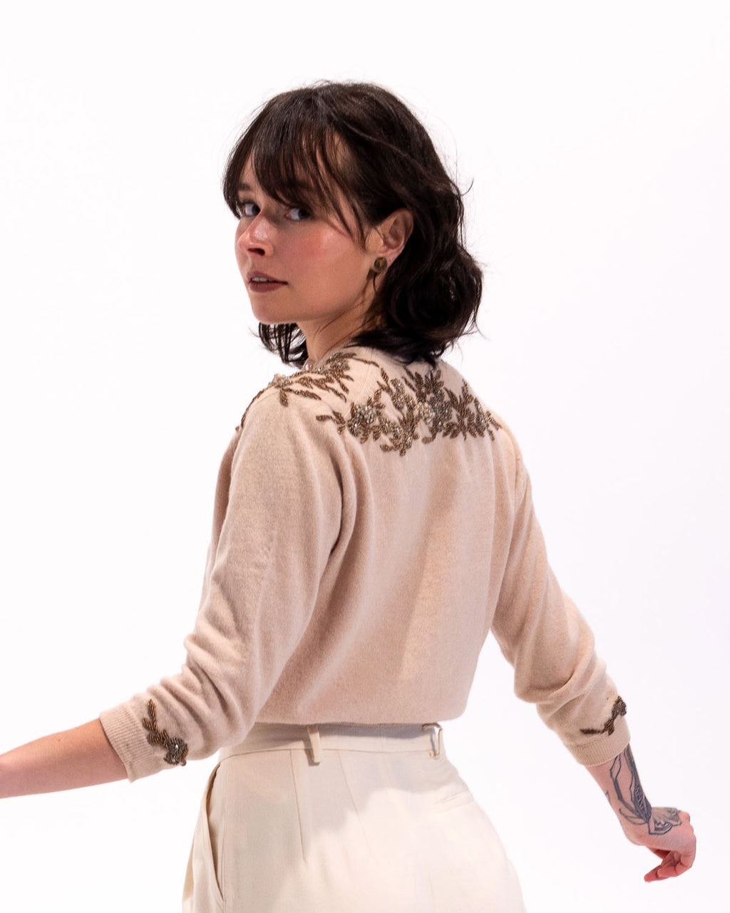 50s Berries & Floral Hand Beaded Wool & Silk Tan Cardigan