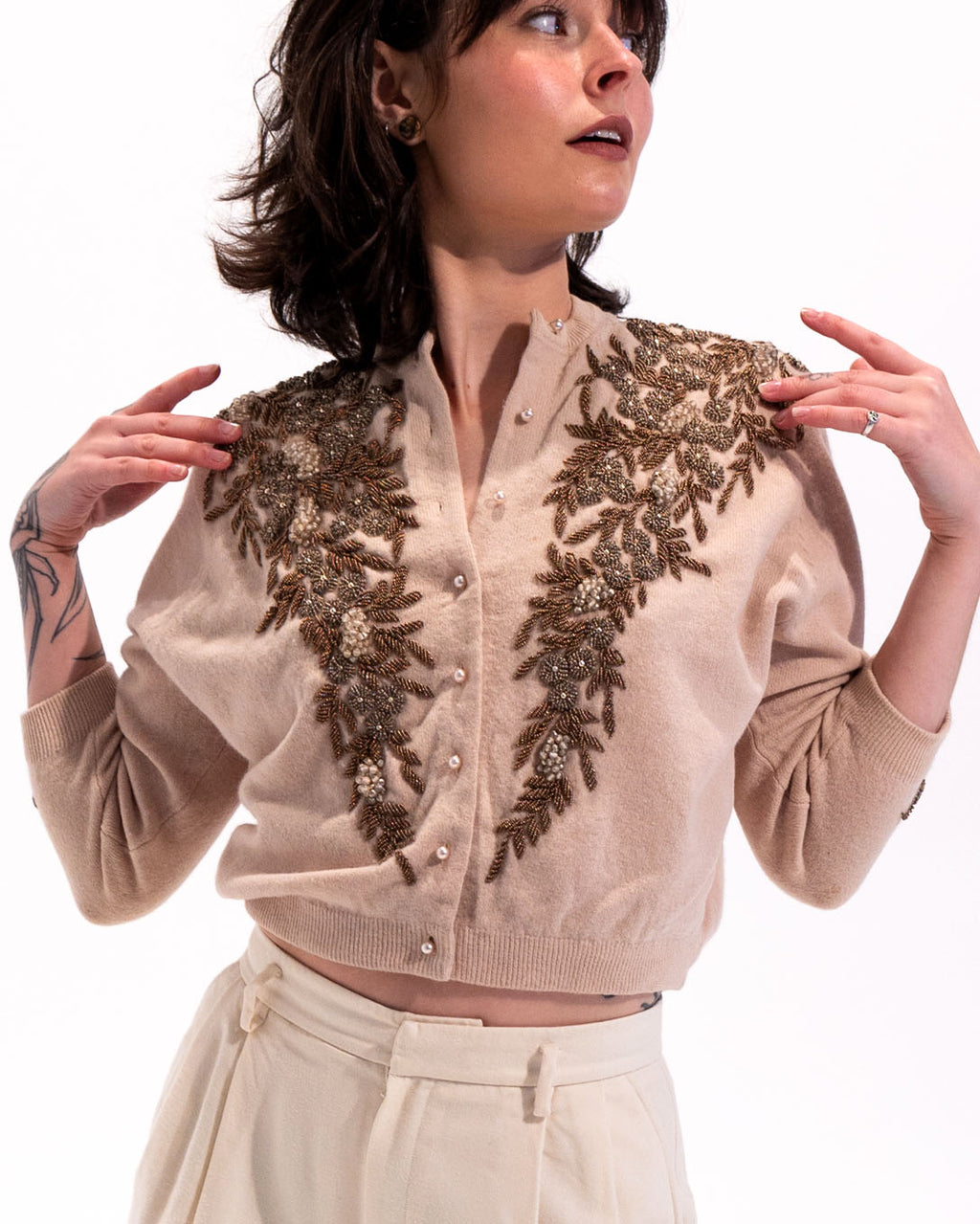 50s Berries & Floral Hand Beaded Wool & Silk Tan Cardigan
