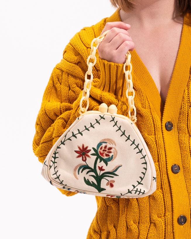00s Cream Bakelite Floral Embroidered Handbag