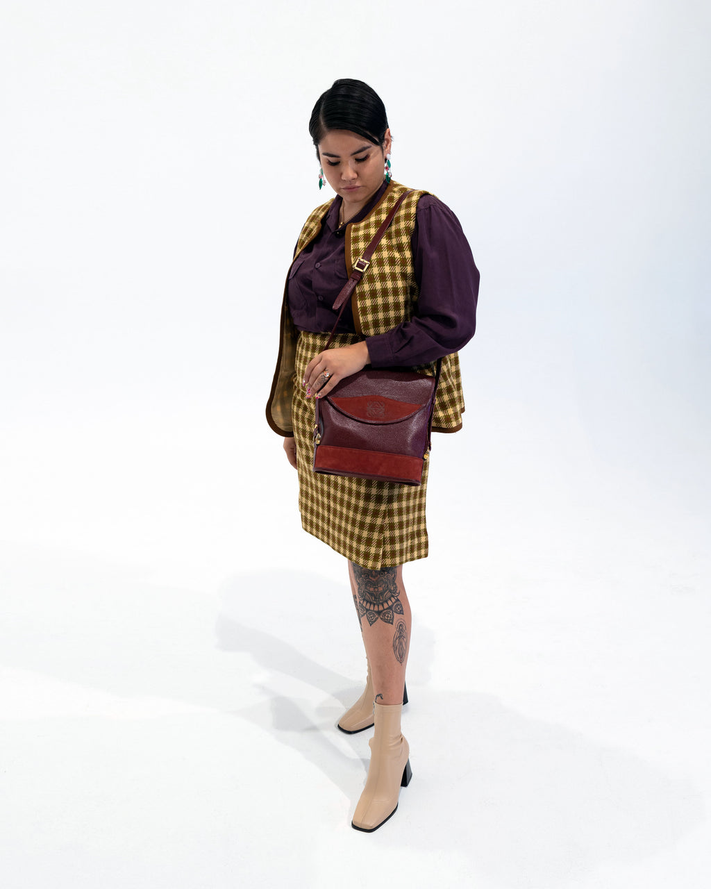 90s Authentic Loewe Monogram Leather & Nubuck Oxblood Shoulder Bag