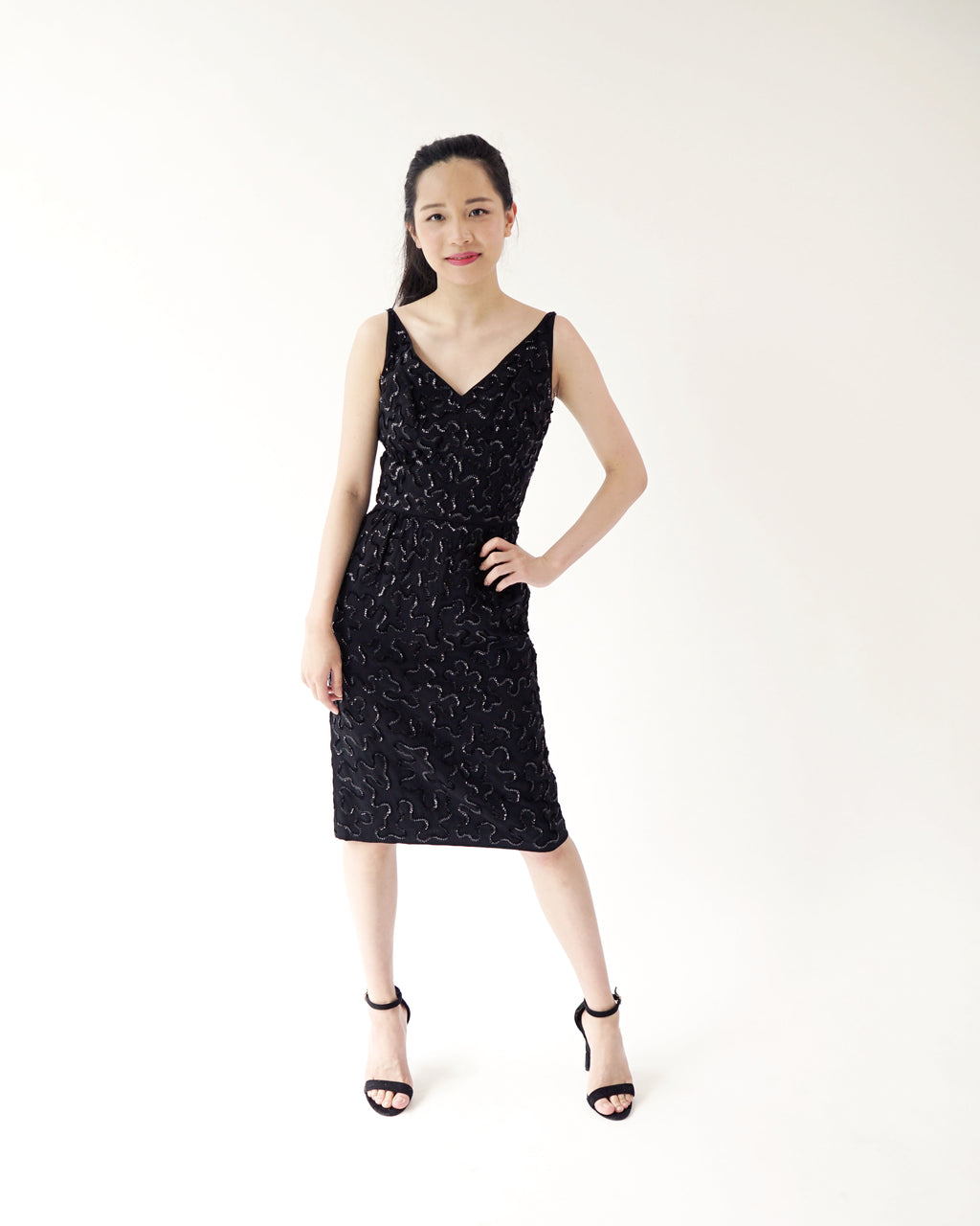 50s Sequined Squiggle Lines Wiggle Knee Length Party LBD