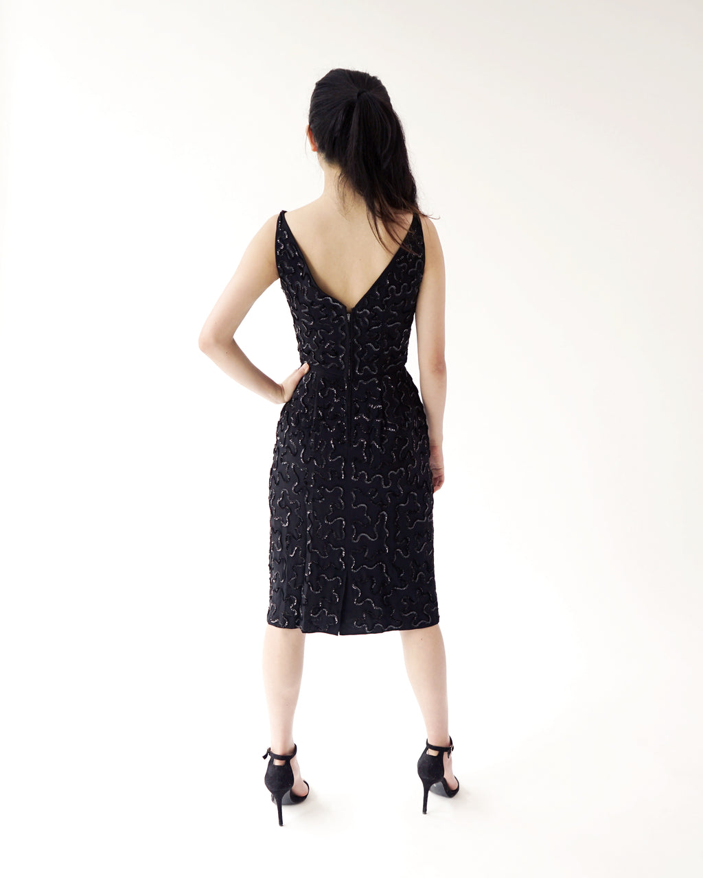 50s Sequined Squiggle Lines Wiggle Knee Length Party LBD