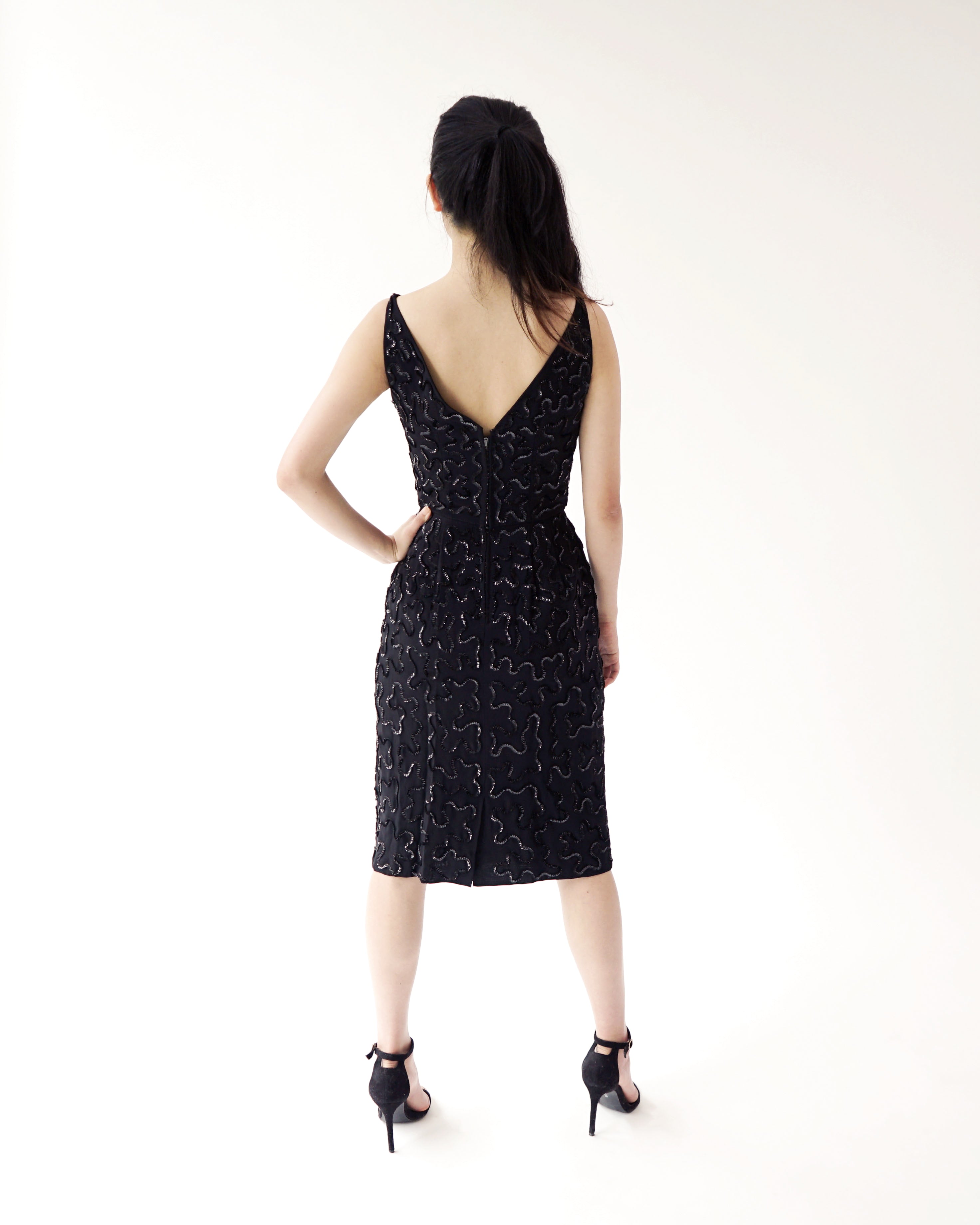 50s Sequined Squiggle Lines Wiggle Knee Length Party LBD