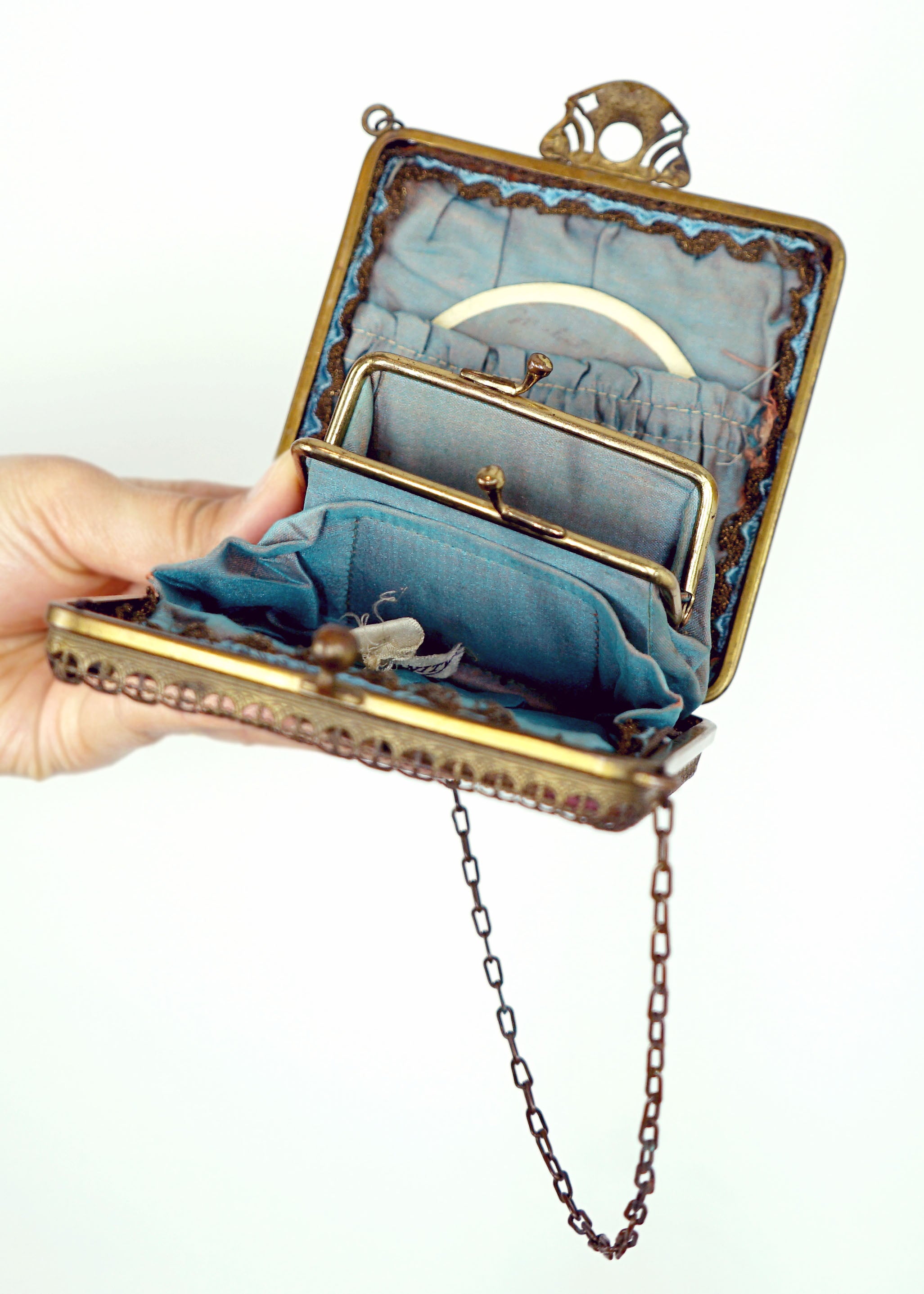 1910 Antique Art Nouveau Brass Clutch w Short Straps