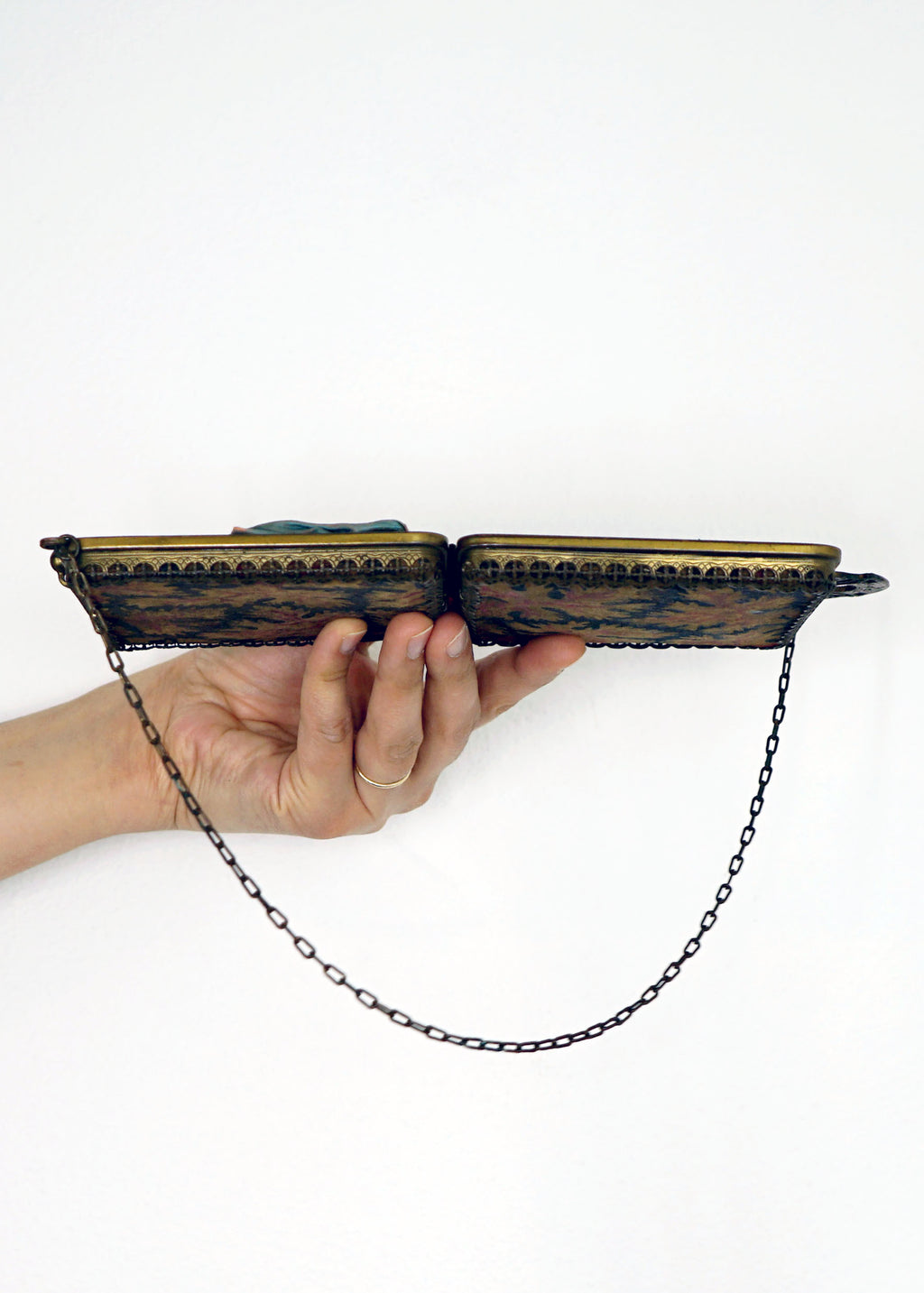 1910 Antique Art Nouveau Brass Clutch w Short Straps