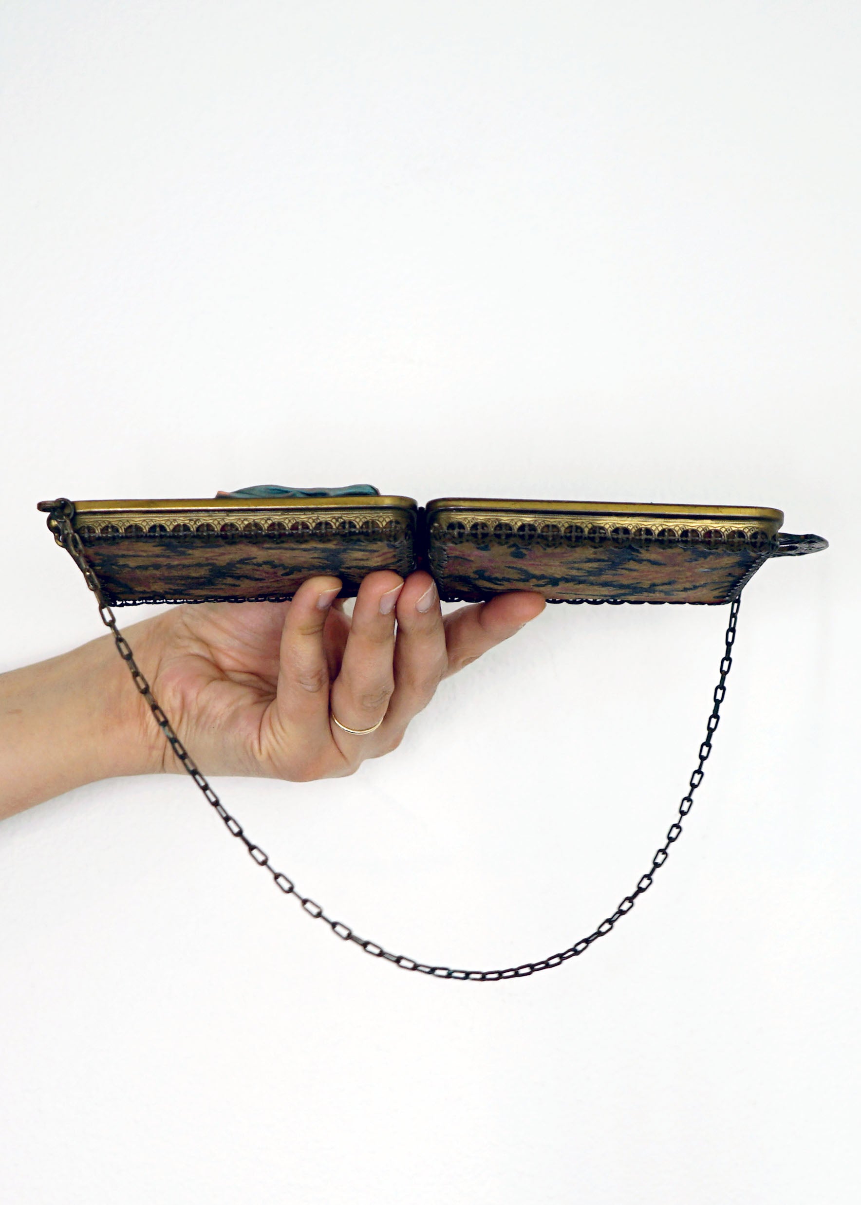1910 Antique Art Nouveau Brass Clutch w Short Straps